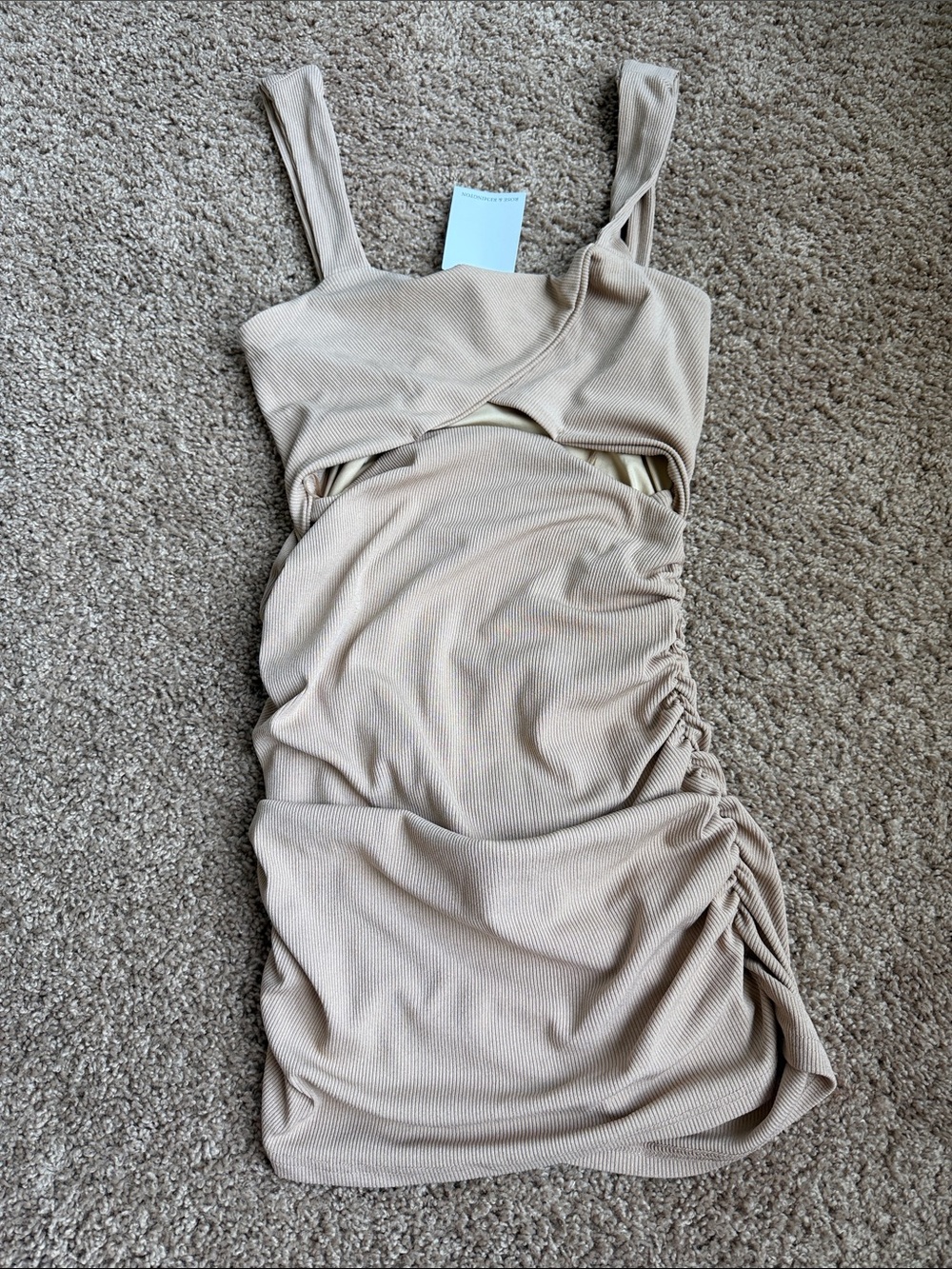 Sleeveless Beige Ribbed Cutout Ruched Mini Dress
